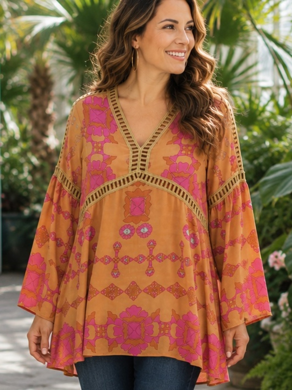 Fifth Avenue Boho Print Tunic Top Size Medium Long Sleeve V-Neck